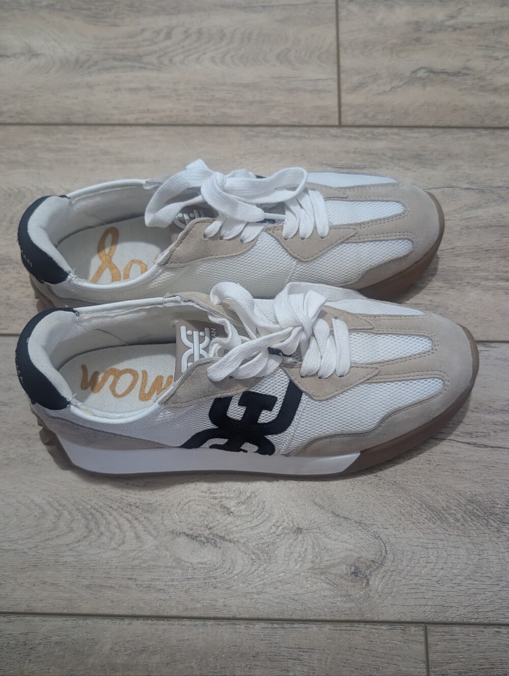 White & Beige Mesh Sneakers with Black Logo